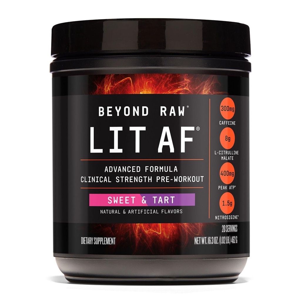 BEYOND RAW LIT Advanced Pre Workout Formula, Sweet and Tart, voor energie, focus, duurzaamheid, pompen, met 300 mg snelle en doelgerichte release Cafeïne, Creatine, Betaine, Beta Alanine, Taurine, 20 porties