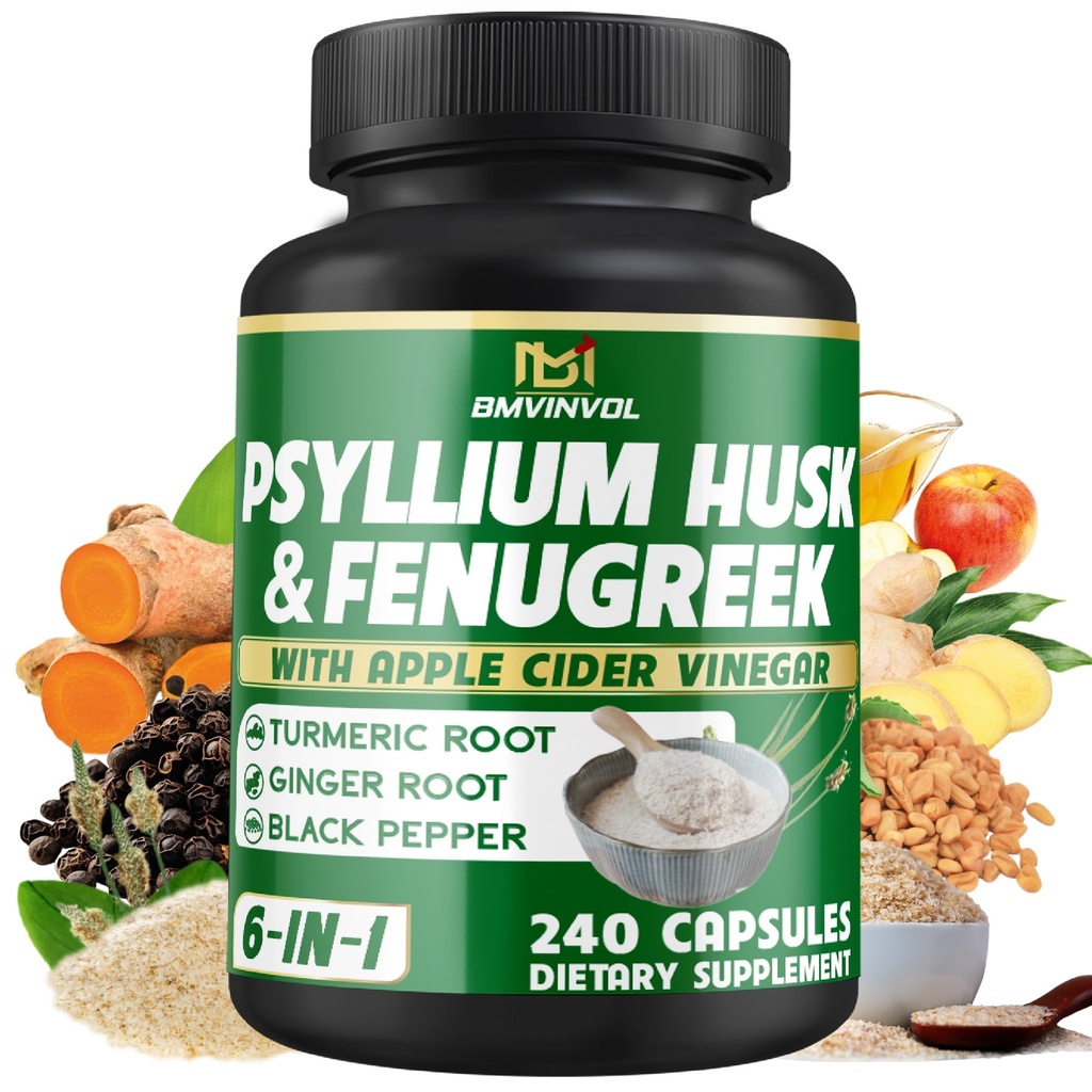 BMVINVOL Psyllium Husk Fiber Supplement met Fenegriek, Apple Cider Vinegar, Kurkuma, Gember, Black Pepper- Digestie Gezondheidsondersteuning - 240 Capsules