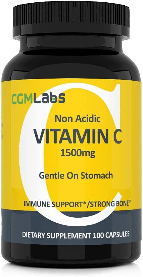 Niet zure vitamine C Dieetsupplement 1500mg met calcium. Voorzichtig op de maag, Immune/Bone Support- 100 Caps door CGM Labs