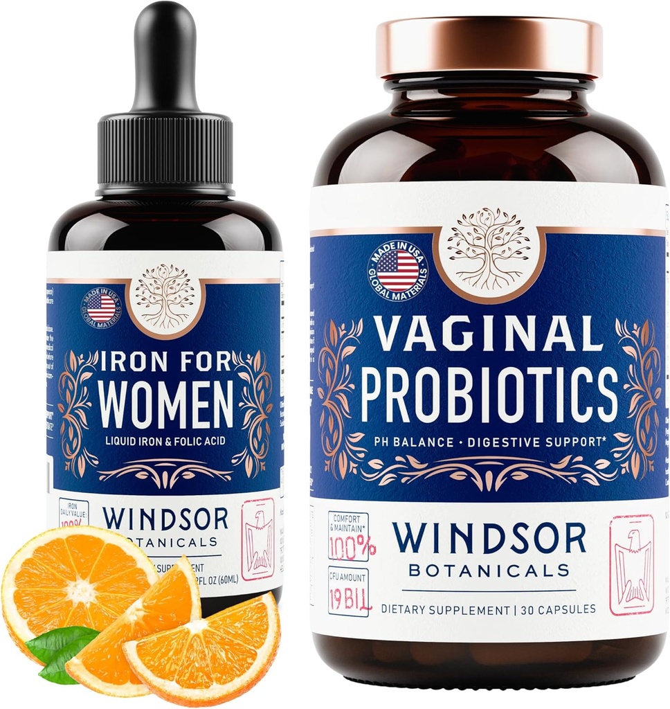 WINDSOR BOTANICA Vaginale Probiotica en vloeibare ijzer Supplement vrouwelijke gezondheid ondersteuning bundel