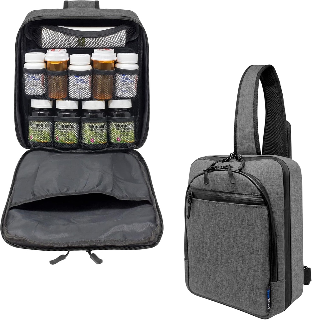 Cross-Body Hands-Free Modular Pill Bottle Organizer, Medicine Bag, Case, Carrier voor Medicijnen, Vitaminen, en Medical Supplies - Heather Gray (Zonder slot)