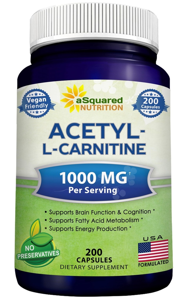 aSquared Nutrition Acetyl L-Carnitine 1000mg Max Sterkte - 200 Veggie Capsules - Hoge dosering Acetyl L Carnitine HCL (ALCAR) Supplement Pillen ter ondersteuning van pure energie, hersenfunctie en vetzuur