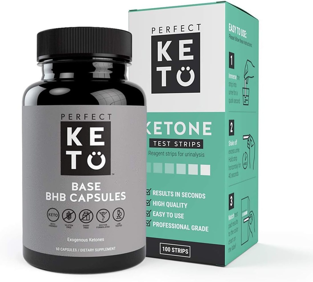 Perfect Keto Exogene Ketones Base BHB Supplement (60 capsules) - Ketogene Dieet Ondersteuning Gewichtsbeheer, Energie & Focus - Ketosis Beta-Hydroxybutyraat met (100 st) Keto Strips bundel