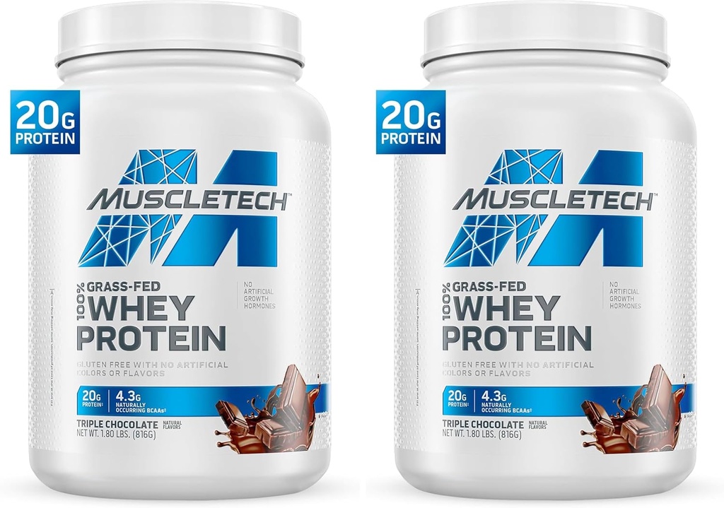 MuscleTech Grass Fed Whey Protein Powder for Muscle Gain, Growth Hormone Free, Non-GMO, Gluten Free, 20g Protein + 4.3g BCAA, Triple Chocolate, 1.8 lbs (Pack of 2)