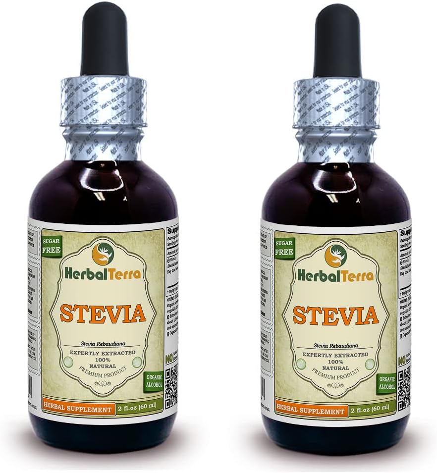 Stevia (Stevia Rebaudiana) Tinctuur, Biologische gedroogde bladeren Liquid Extract (Brand Name: HerbalTerra, Trots Made in USA) 2x2 fl.oz (2x60 ml)