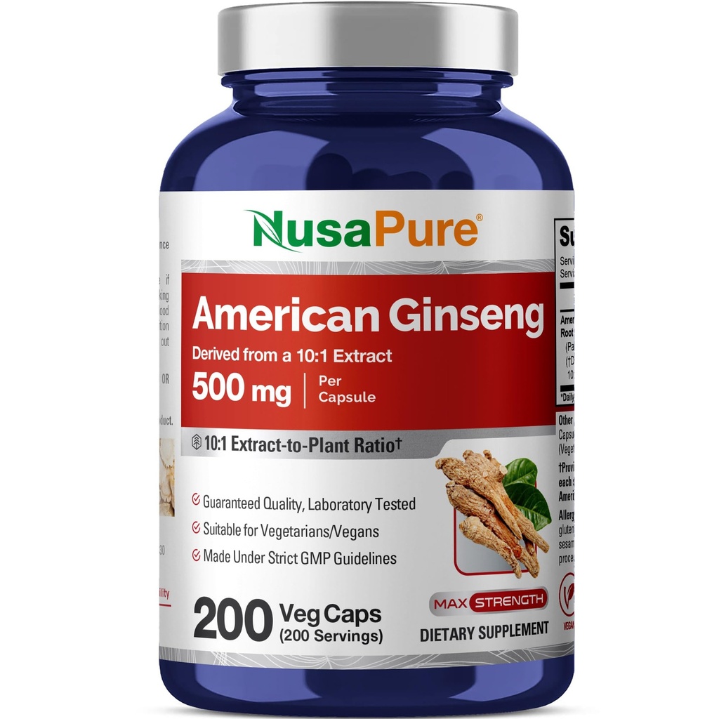 NusaPure American Ginseng 10:1 Extract, 500 mg equivalent aan 5000mg - 200 Veggie Capsules (Vegetarisch, niet-GMO, Veganistisch)