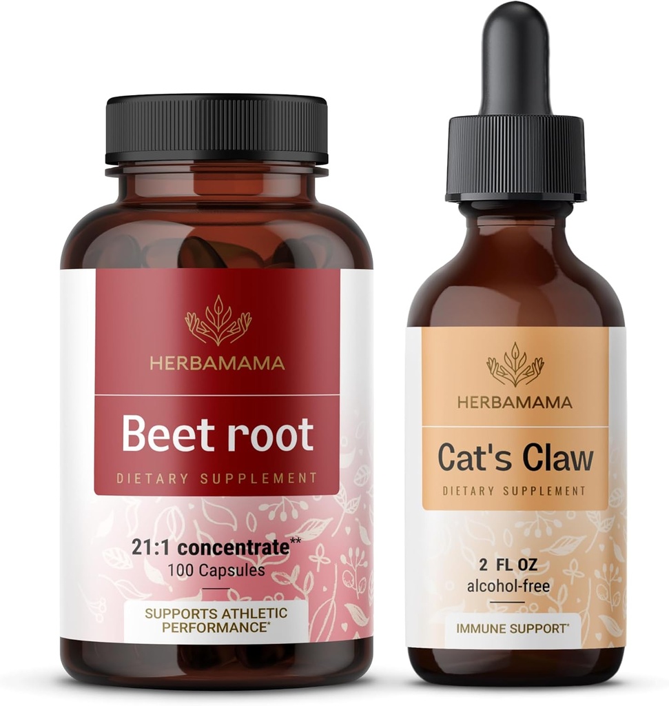 HERBAMAMA Beetwortel en Cat's Claw Kit - Bundel van 21:1 Concentrate Beetwortel en Cat's Claw Tinctuur 2 fl oz - Vegan, Non-GMO, Sugar & Alcohol-Free - 2 Pack