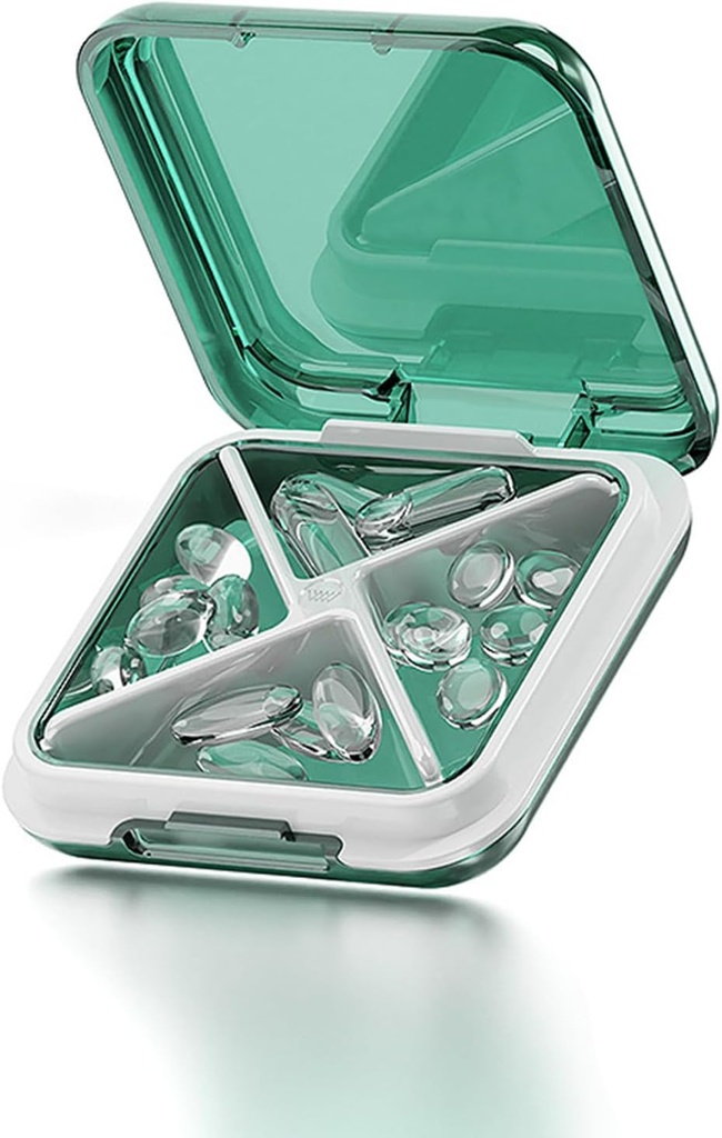Kleine pil Box waterdichte reis pil geval draagbare dagelijkse pil container pil houder voor portemonnee 4 appartementen Pocket Compact Medicine Organisator voor visolie, aanvulling, Medicatie (Groen)