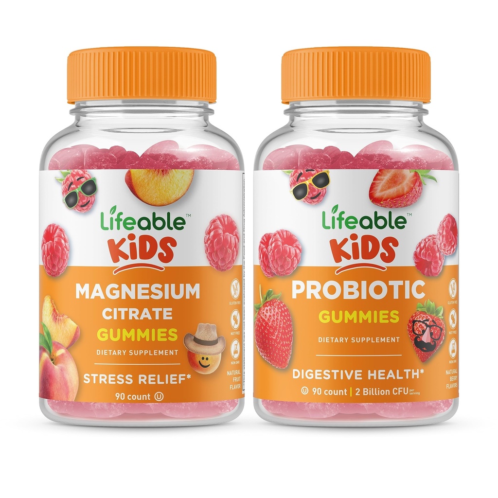 Levensvatbare Magnesium Citrate Kids + Probiotic 2 Miljard CFU Kids, Gummies Bundle - Grote Proeverij, Vitamine Supplement, Glutenvrij, GGO-vrij, Kauwgom