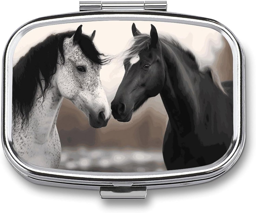 Zwarte en witte paarden Vierkante pil Box, 2 Compartiment Decoratieve Pocket pil Box voor Pocket of portemonnee Portable Mini Travel Medicine Tablet Vitamine houder Organisator pil geval