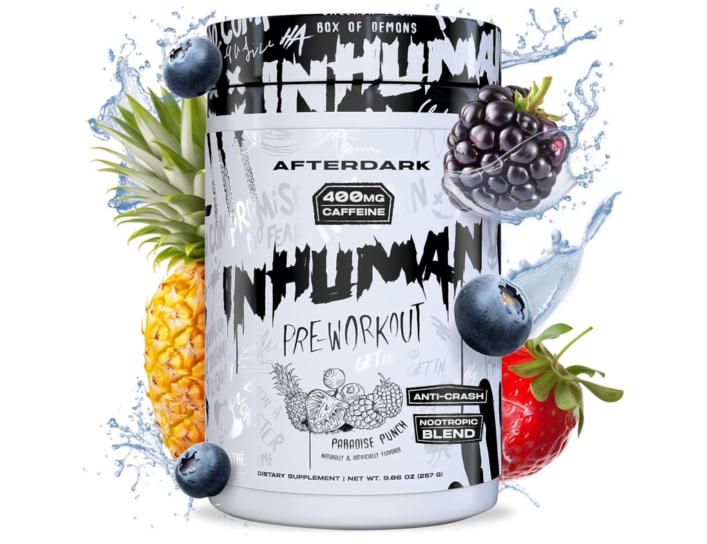 AFTERDARK INHUMAN Pre-Workout Powder, Enhanced Mind-Muscle Connection, Sustained Energy, Potent Nootropic Blend, Vegan, Gluten-Free, Soy-Free, 400mg Caffeine, No Crash, Paradise Punch