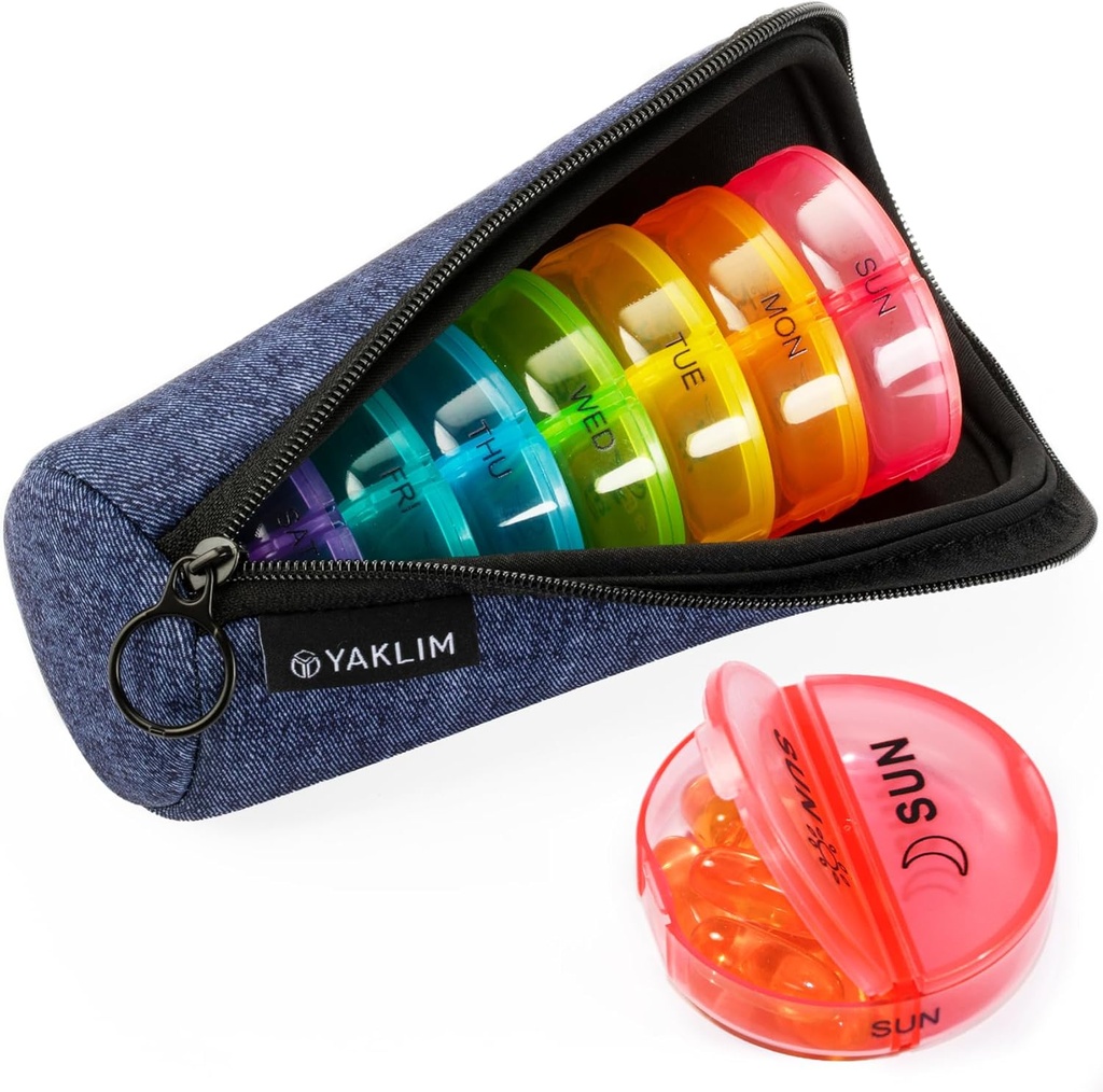 Reizen pil Organizer 2 keer per dag, AM/PM Pill Containers 7 Dag Ultralicht Portable Canvas Bag Travel Pill Case Weekly Pill Box voor de geneeskunde, Vitaminen, Visolie, Supplementen (Denim)