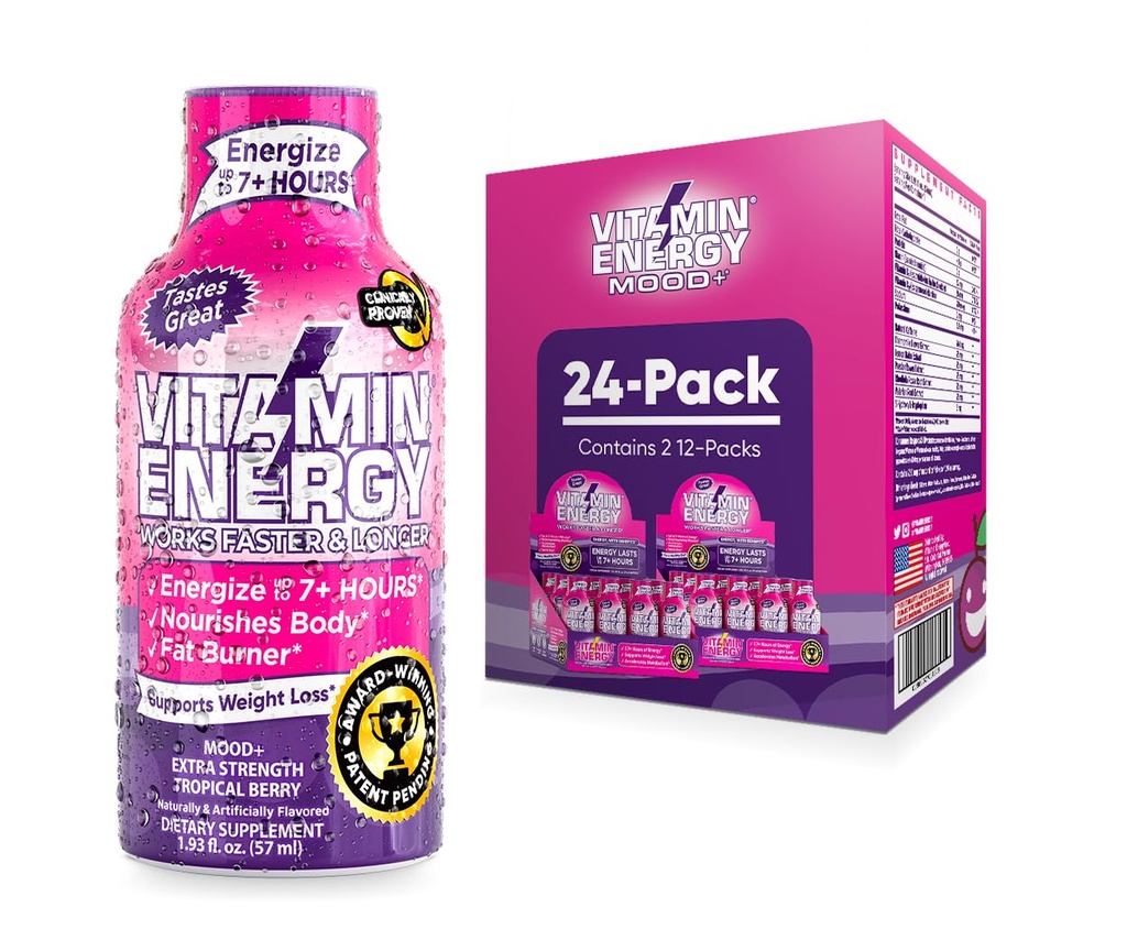 Vitamin Energy Mood+ Energy Shot – Tropical Berry – 100% DV B-Vitamins & 260mg Plant-Based Caffeine – Zero Calories, Sugar-Free, Vegan, Non-GMO – Mood & Energy Support – 1.93 fl oz, 24-Pack