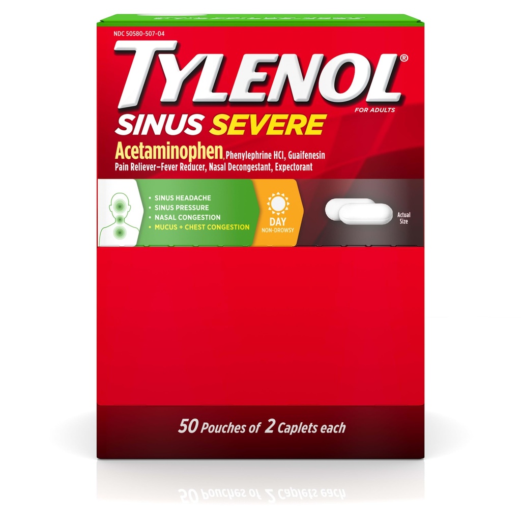 Tylenol Sinus Ernstige Daytime Caplets met Acetaminofen 325mg, Guaifenesin 200mg & Phenylefrine HCl 5mg, Non-Drowsy Pain Reliever, Expectorant & Nasal Decongestant, 50 Travel Packs of 2 cl