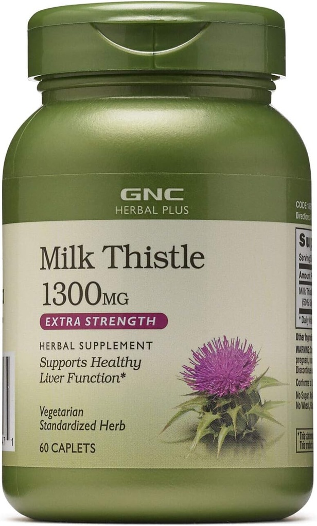 GNC Herbal Plus Melkdistel 1300mg supplement, extra sterkte, vegetarisch, ondersteunt gezonde leverfunctie, 60 porties