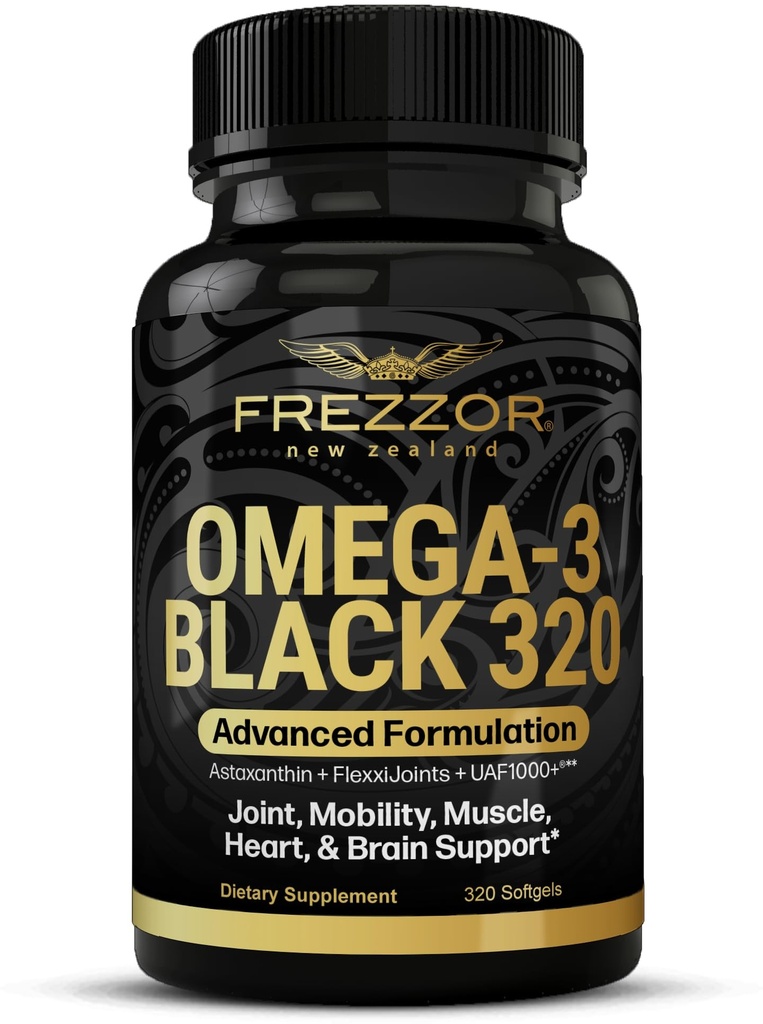 FREZZOR Omega 3 Black - Green Lipped Mussel Oil Capsules, Made in New Zealand, UAF1000+, Joint Care & Relief, Heart & Immune Support, No Fishy Aftertaste, 320 Count (Pack of 1)
