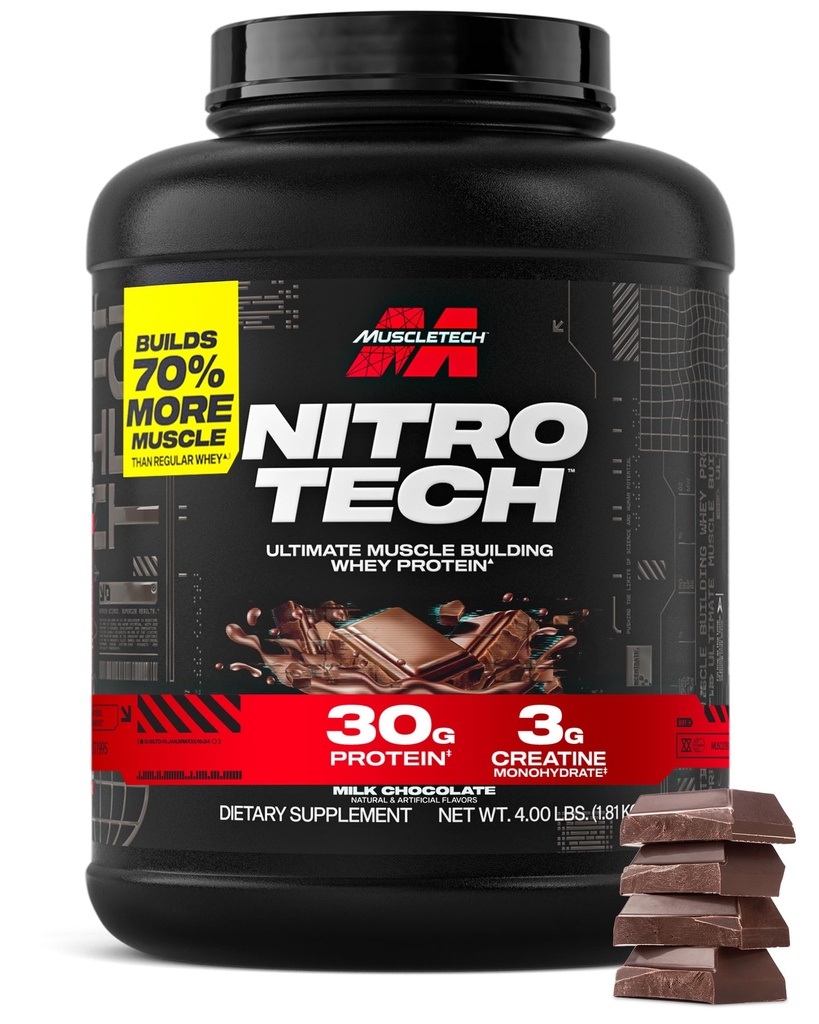 Muscletech Whey Protein Powder (Milk Chocolate, 4 Pound) - Nitro-Tech Ultimate Muscle Building Formula with Whey Protein Isolate - 30g of Protein, 3g of Creatine & 6.8g of BCAA - Packaging May Vary