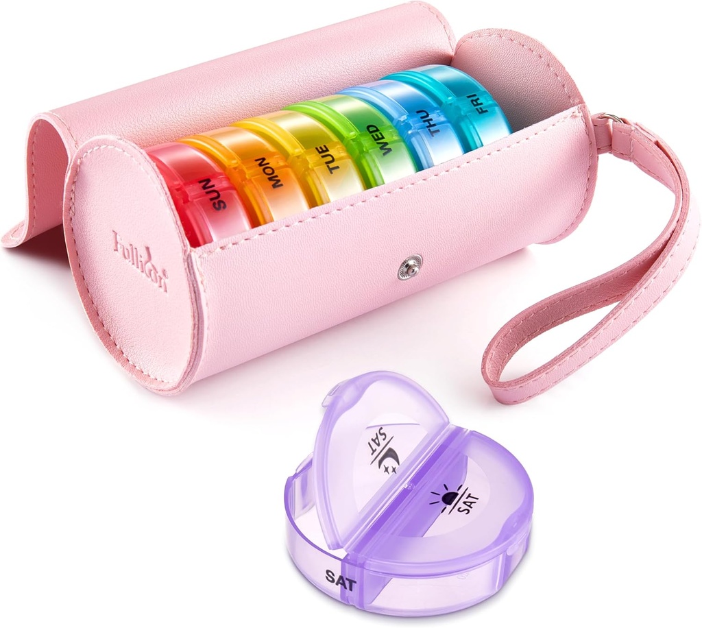 Fullicon PU Case Weekly Pill Box Organizer 2 keer per dag, Reizen 7 dagen pil dozen, Portable Tablet Organizer voor Geneeskunde, Medicatie, Vitamine, Visolie Supplementen (Roze / regenboog)