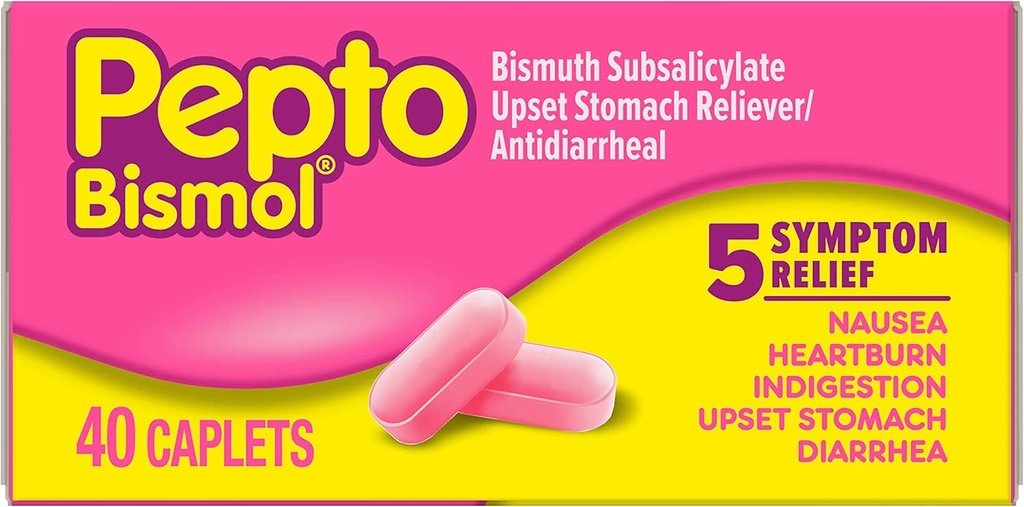 Pepto Bismol Caplets voor misselijkheid, brandend maagzuur, indigestie, verstoorde maag en diarree, 5 Symptoom snelle verlichting in een handige vorm, 40 st.