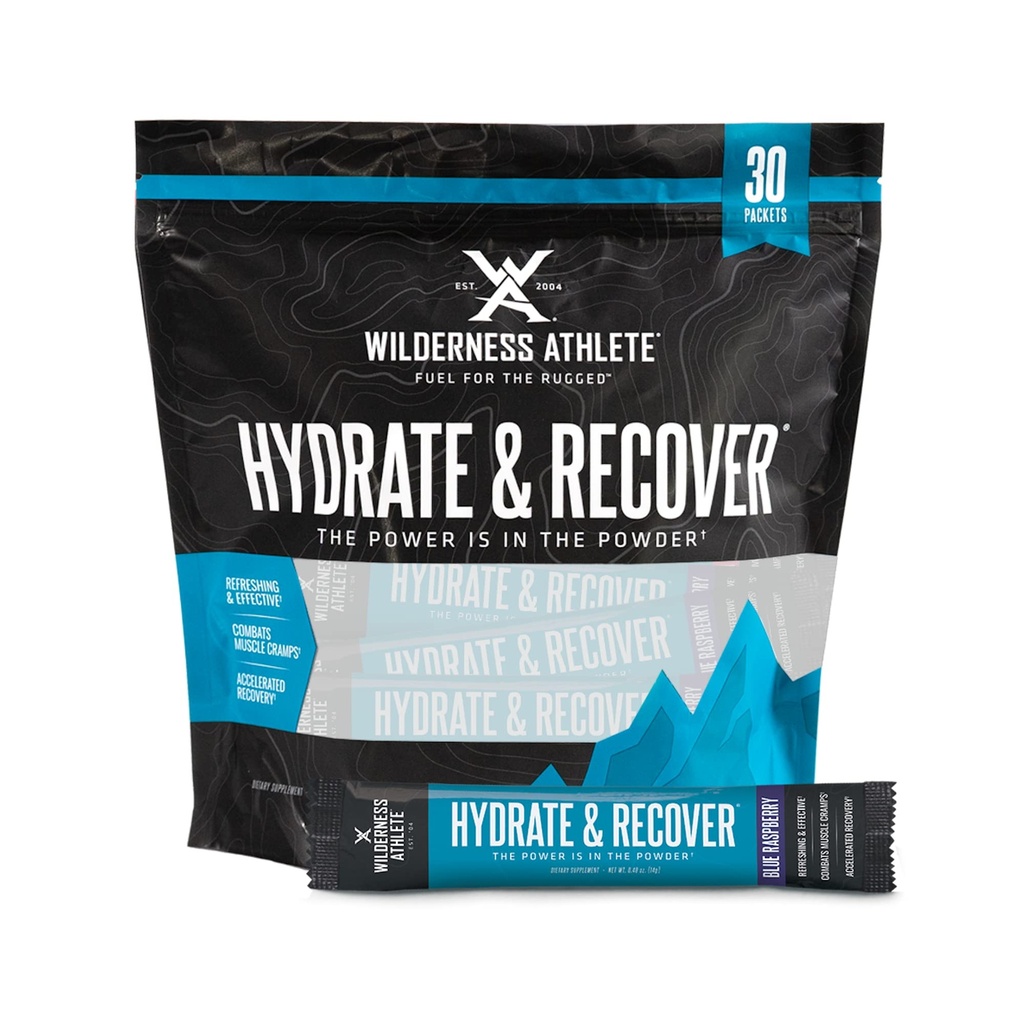 Wilderness Atleet - Hydrate & Recover ..Vloeistof Hydratation Packets Electrolyte Drink Mix - Recover Sneller met Bcaas - 30 Single Serving Hydrate Packets (Blue Raspberry)