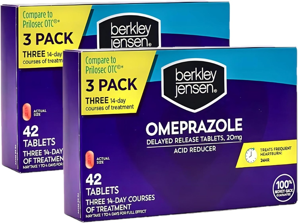 berkley jensen Omeprazol 20 mg Vertraagde Release Tablets - Heartburn Medicine-Acid Reducer Pillen - Treats Frequent Heartburn - 3 x 14 dagen Cursussen, 42 tellen (pakket van 2)