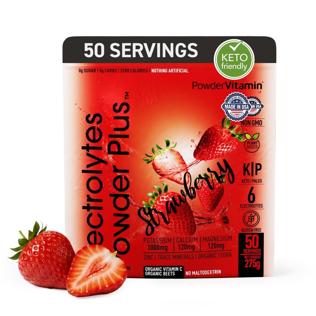 PoederVitamine Elektrolyten Poeder Plus Keto, aardbei (50 porties) 0 Suiker, Geen Maltodextrine,1000mg Kalium,120mg Calcium,120mg Magnesium,Organische Vitamine C,Zero Calorieën, Energie Hydratatie Poeder