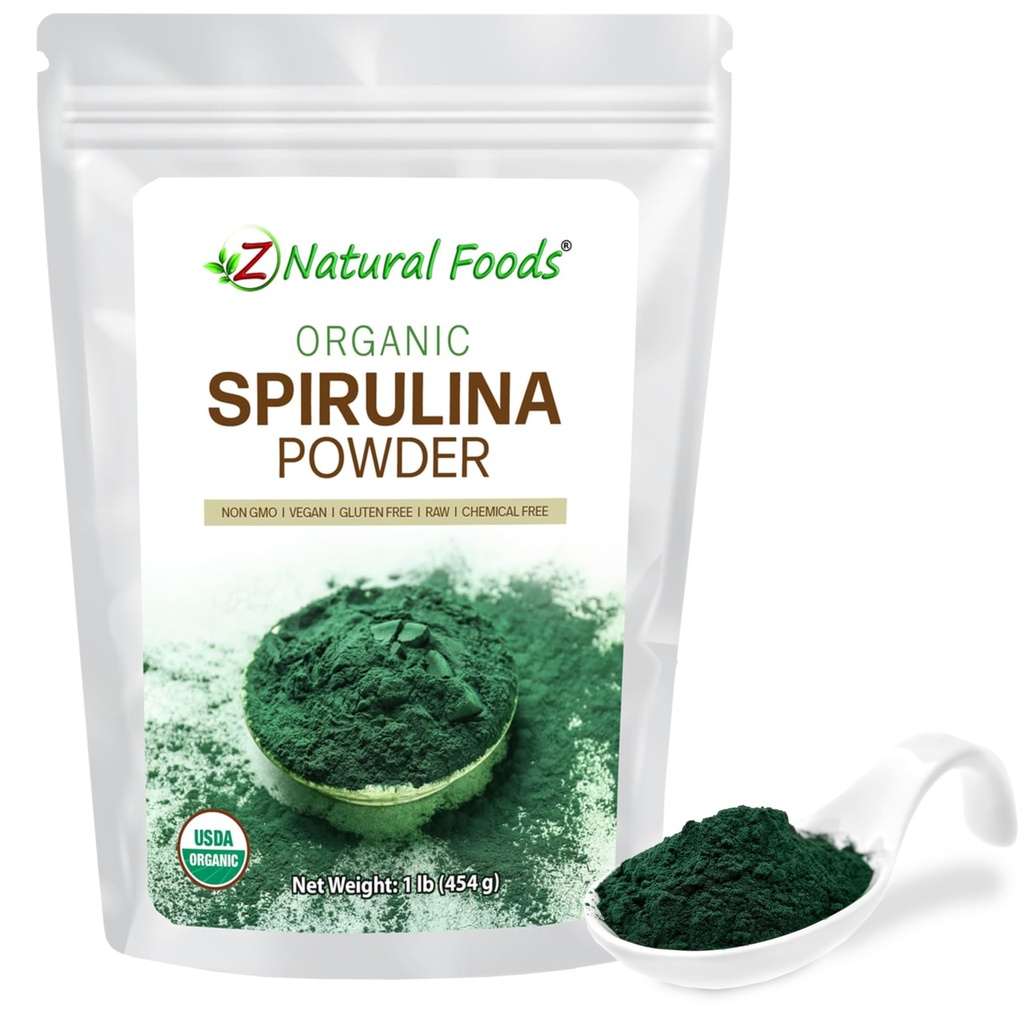 Z Natural Foods Organic Spirulina Powder - 100% Pure Spirulina, Nutrient-Dense Blue-Green Algen Superfood with Amino Acids, 15x Beta-Caroteen - Mix in Smoothies, Yogurt, Recepten, 1 lb