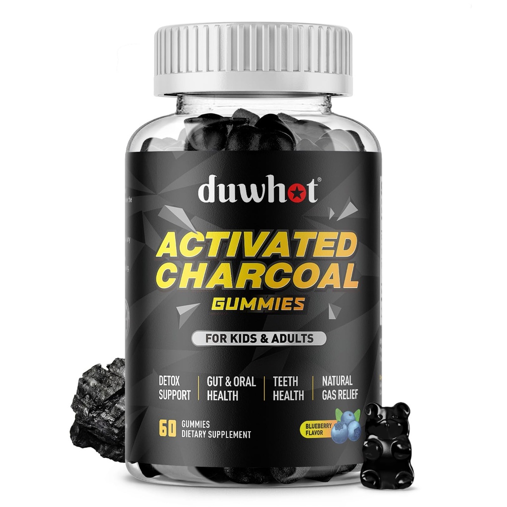 Geactiveerde Charcoal Gummies voor kinderen, 500mg Kauwbare geactiveerde Charcoal Supplement voor Gas Relief, Detox, Digestieve en Orale Gezondheid, Vegan Blueberry Flavor, 60 Tellen