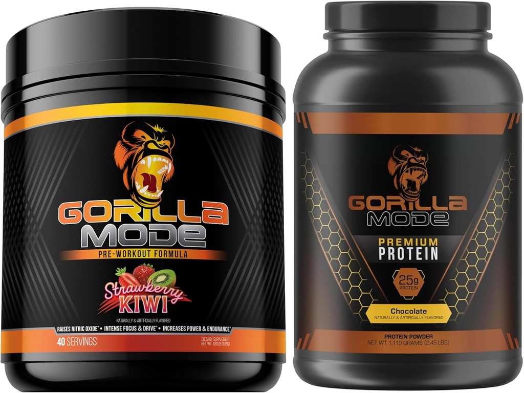 Gorilla Mind Pre Workout (Strawberry Kiwi) + Premium Wei Proteïne (Chocolaat) - Uitgebreide Stack voor brandstof Maximum resultaten