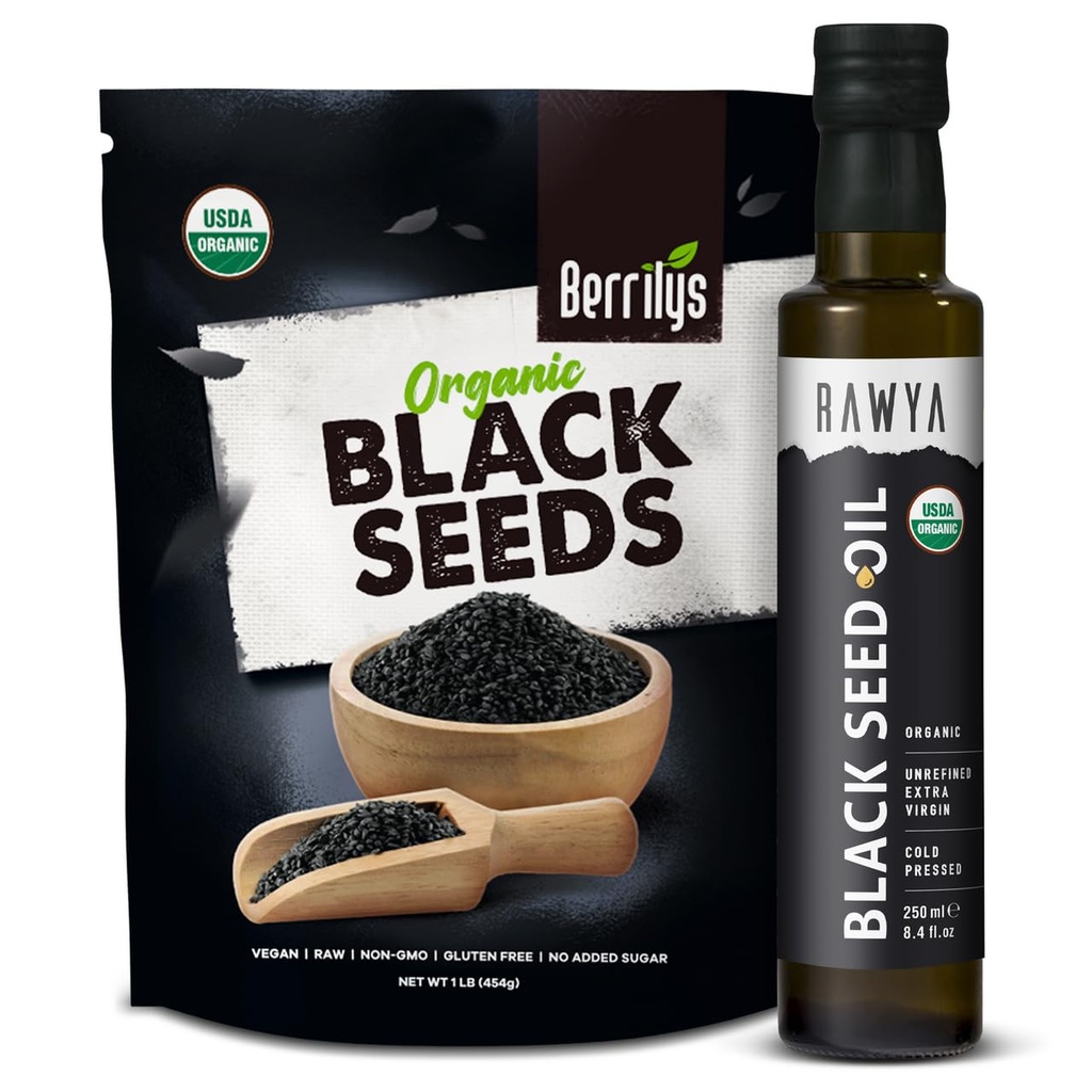 RAWYA Black Seeds + Black Seed Oil - USDA Organic Certified, Cold Pressed, Nigella Sativa, Cumin Seed Oil, Kalonji, Premium Quality, High Thymoquinone, Pure & Natural, 8.4 Oz + 16 Oz Seeds