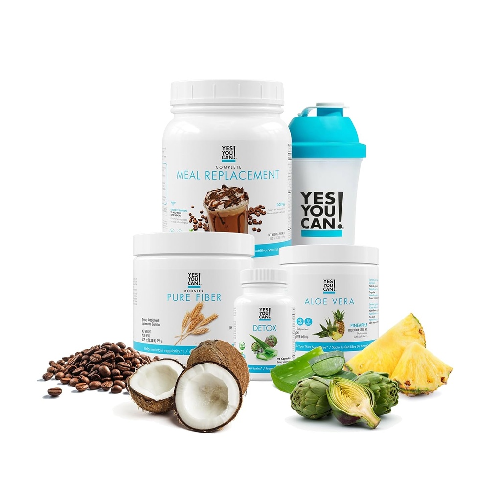 Yes You Can! Detox Plus Kit, Dagelijkse reiniging Pure Fiber Maaltijd Vervanging, Drink Mix, Shake Booster en Supplement, Body Cleanse Kit voor vrouwen, Dagelijkse Systeem Reiniging - Koffie, Aloë Vera Hibiscus