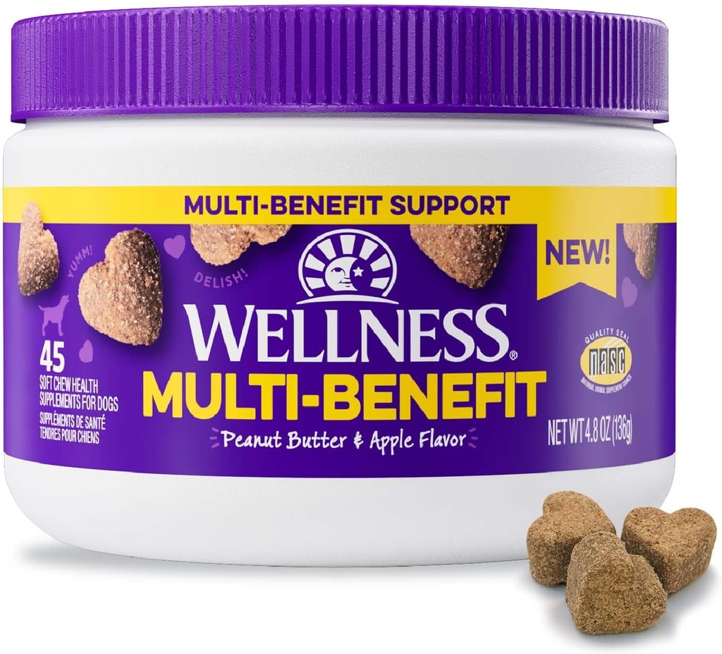 Wellness Pindakaas & Apple Flavored Soft Chews Multi-Benefit supplementen voor honden, 45 Tellen