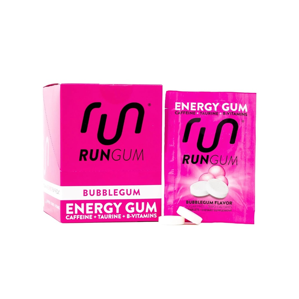 RUN GUM Bubblegum Energy Chewing Gum 50mg Cafeïne Taurine & B-Vitamins Per stuk, 24 stuks (pakket van 12) Suikervrij, Zero Calorie, Geen Aspartaam, en Glutenvrij