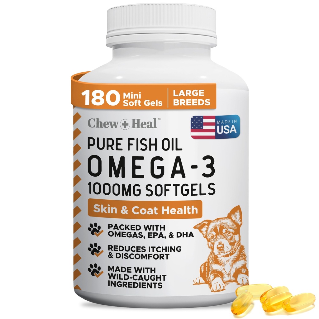 Wild Caught Omega 3 Visolie voor honden - 180 Softgel Capsules voor gezonde huid en jas - Grote 1000 mg Hondenvisolie Pillen voor vergieten, droge jeukende huid, en Hotspots - Pet Omega Zalm Supplement