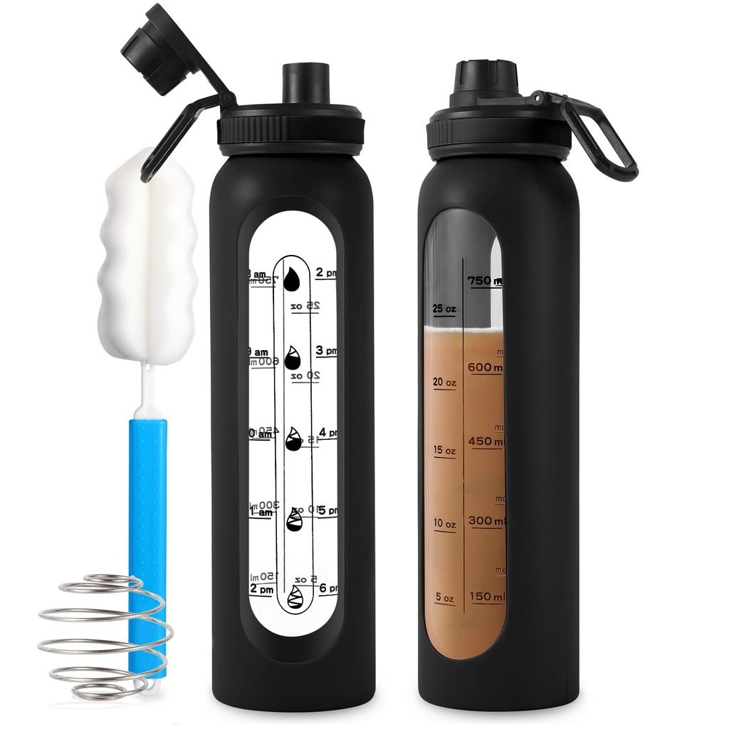 Glass Shaker Bottle 34oz/1L Black Glass Protein Shaker Bottle Met Shaker Ball Grote Shaker Bottles voor Proteine Mixes Portable Powder Mixer Blender Waterfles voor Gym Training Sport