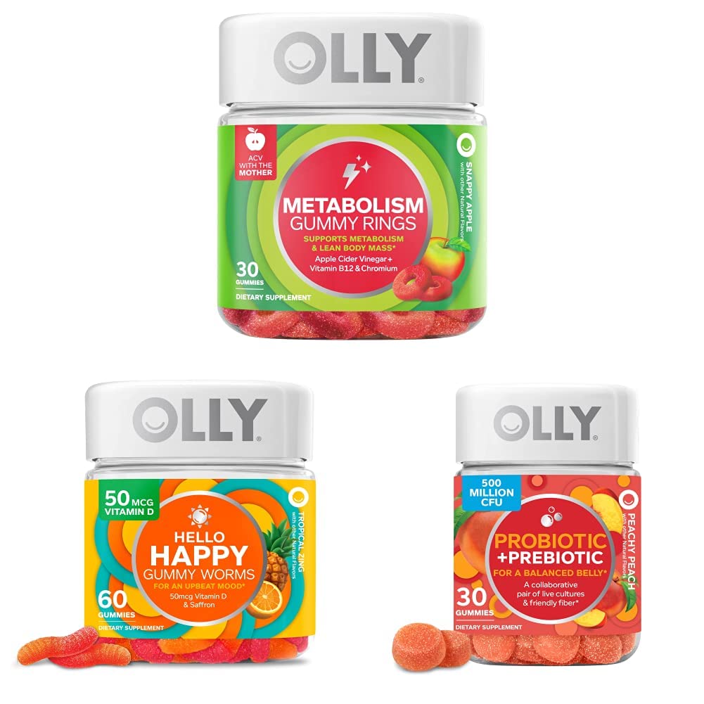 OLLY Metabolisme Gummy Ringen, Apple Cider Vinegar, Vitamine B12, Chroom, Energie en Digestieve Gezondheid, Kauwbare Supplement, Apple Flavor - 30 Tellen en OLLY Hallo Happy Gummy Worms, Mood Balance Support, Vitamine D, Saffraan, Volwassen Kauwbare Supplement, Tropische Zing - 60 Tellen