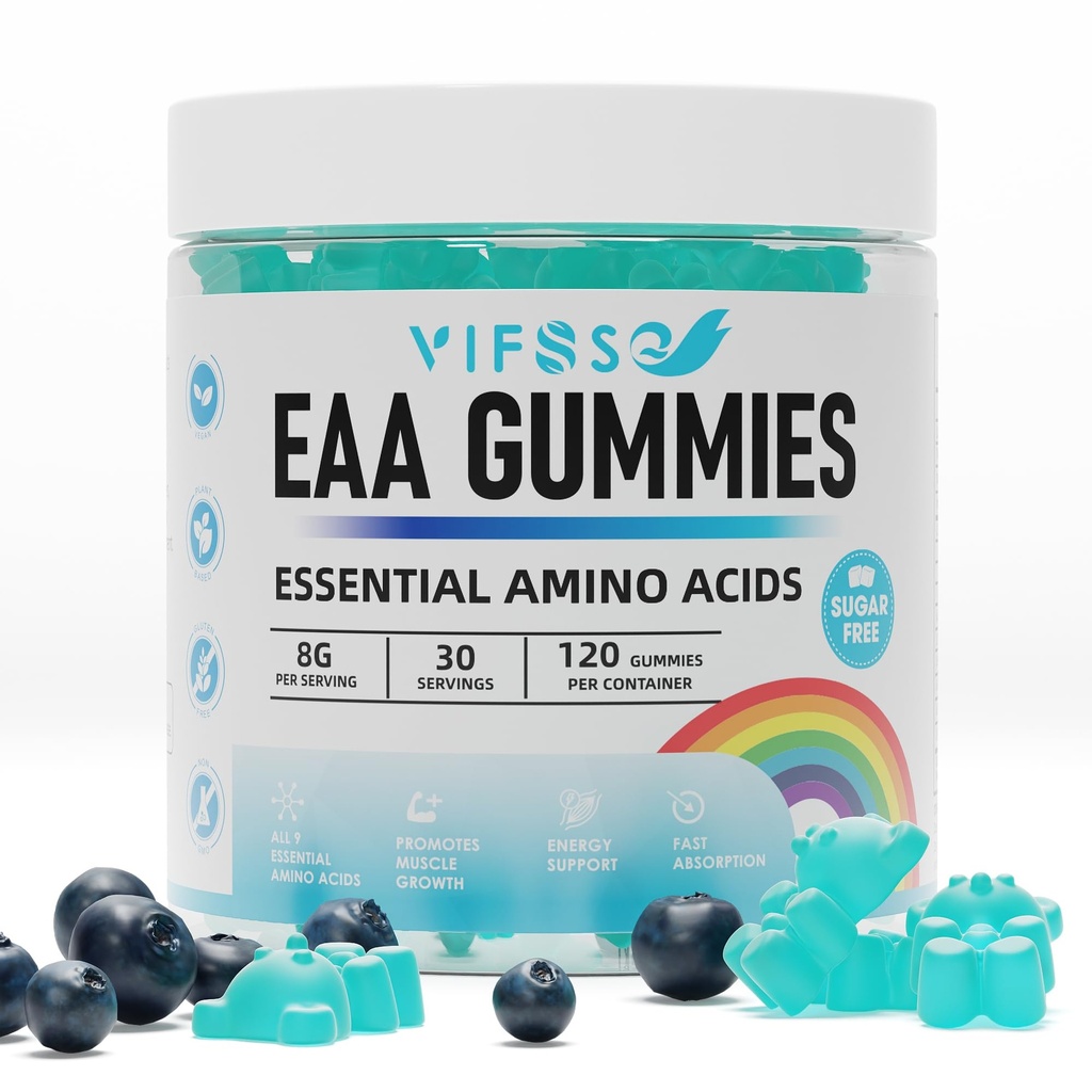 EAA Gummies 120 Gummies (Blue Raspberry), Essentiële Aminozuren - Alle 9 Essentiële Aminos (EAA) en Alle Branched-Chain Aminos (BCAAs), Non-GMO, Glutenvrij, Vegetarisch Vriendelijk
