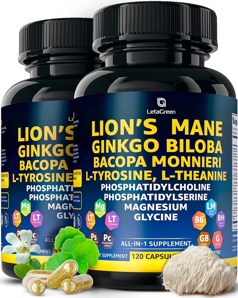 Organische Lions Mane Supplement Capsules - 240 Real Paddestoelen Mane Capsules met Ginkgo Biloba Herb, Bacopa Monnieri, L Theanine, L Tyrosine - Mushroom Complex for Daily Wellness