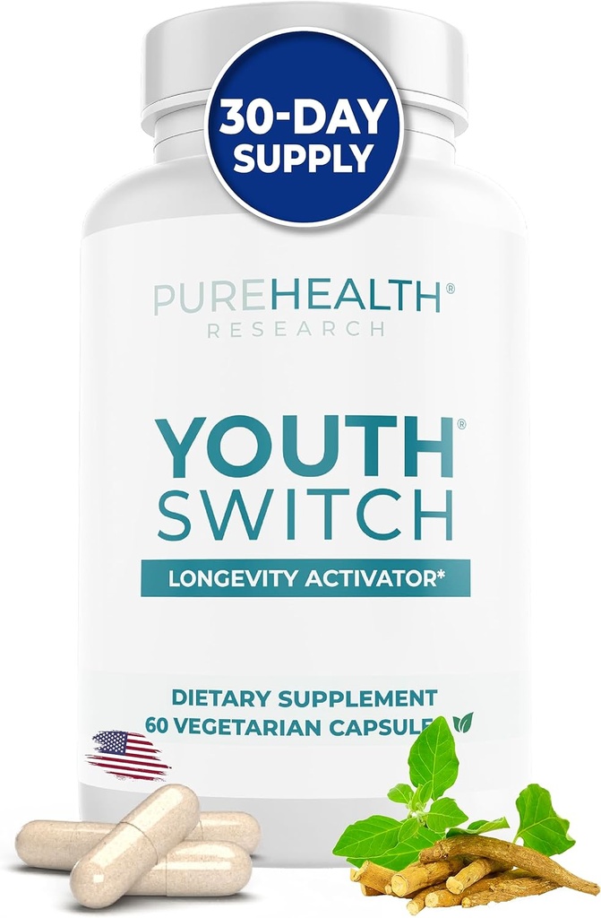 PUREHEALTH ONDERZOEK Jongerenschakelaar - Anti-aging supplement met Ashwagandha Extract 600 mg KSM-66 - Longevity Activator - Telomere Supplementen - Disrupt & Reverse Aging, 1 fles - 60 capsules