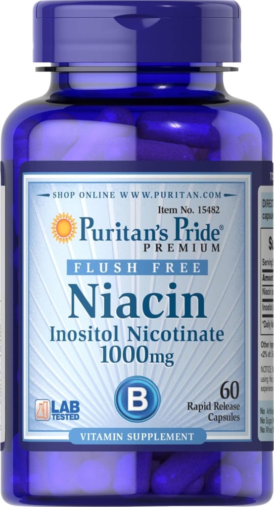 Puritans Pride Flush Free Niacin Inositol Nicotinate 1000 Mg-60 Capsules, 60 Count
