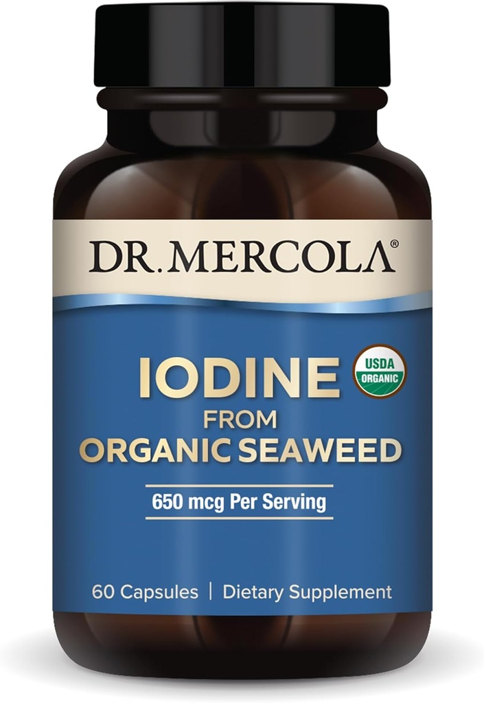 Dr. Mercola Jodium van Biologische Zeewier, 650 mcg per portie, 30 porties (60 capsules), Dieetsupplement, Schildklier en Energie Ondersteuning, Non-GMO, USDA Organisch