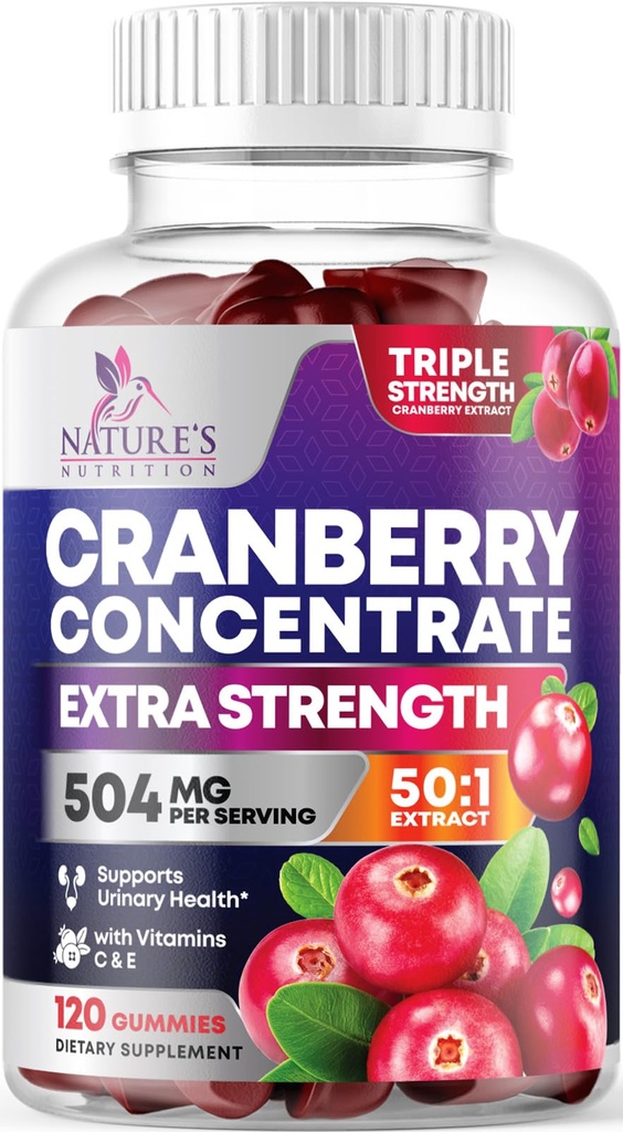Cranberry Gummies 50:1 Cranberry Extract - Urinaire Tract ondersteuning gemaakt met 25.000 mg, helpt reinigen en beschermen, Cran Berry Gummy Supplement + Vitamine C, Kauwbare Kraan pillen voor vrouwen - 120 Gummies