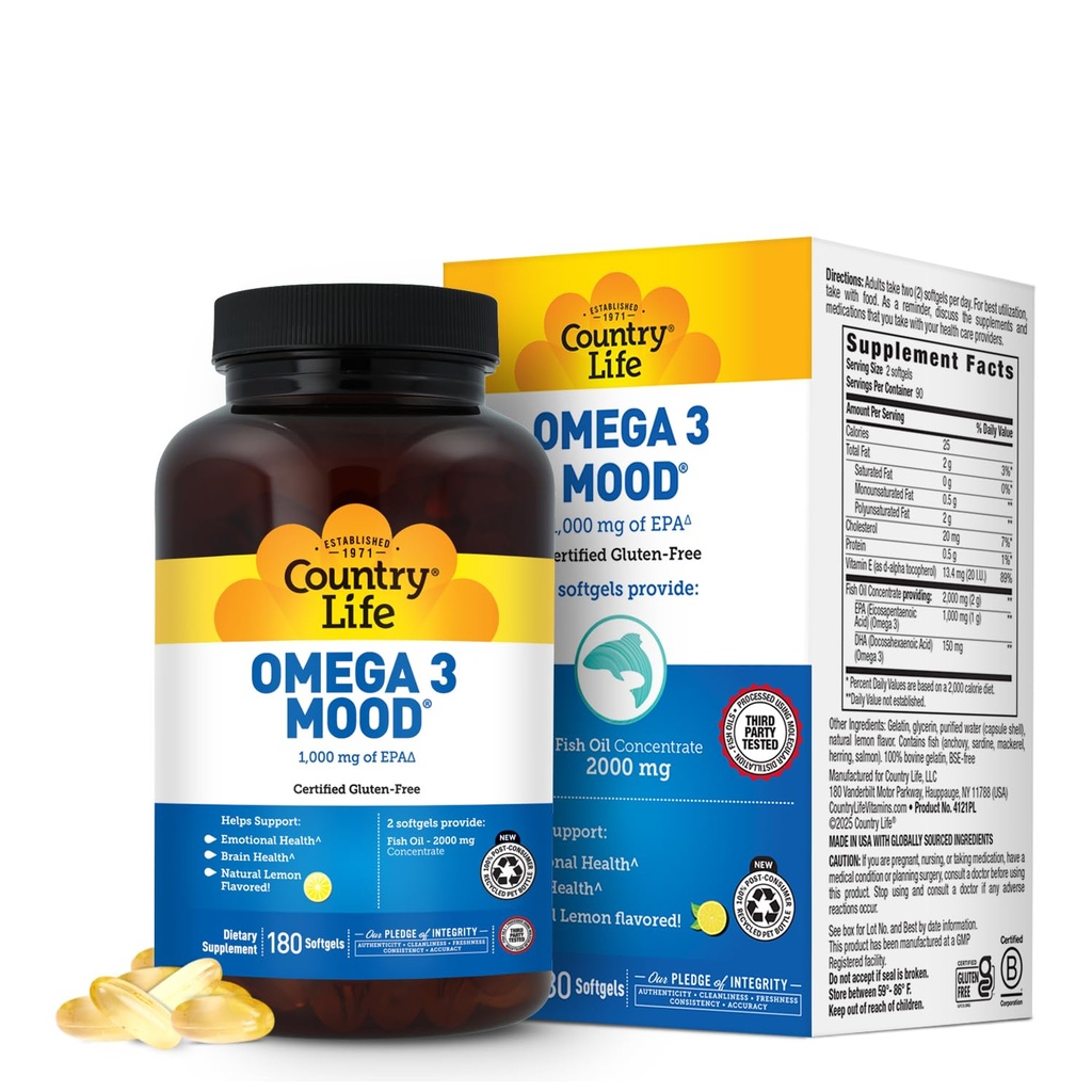 Land Leven Omega 3 Visolie Supplement - Hoge Concentratie EPA en DHA Omega 3 Vetzuren - 2000mg Visolie voor Emotionele Gezondheid, Mood Ondersteuning, en Geen Vis Smaak - Natuurlijke Citroen Smaak