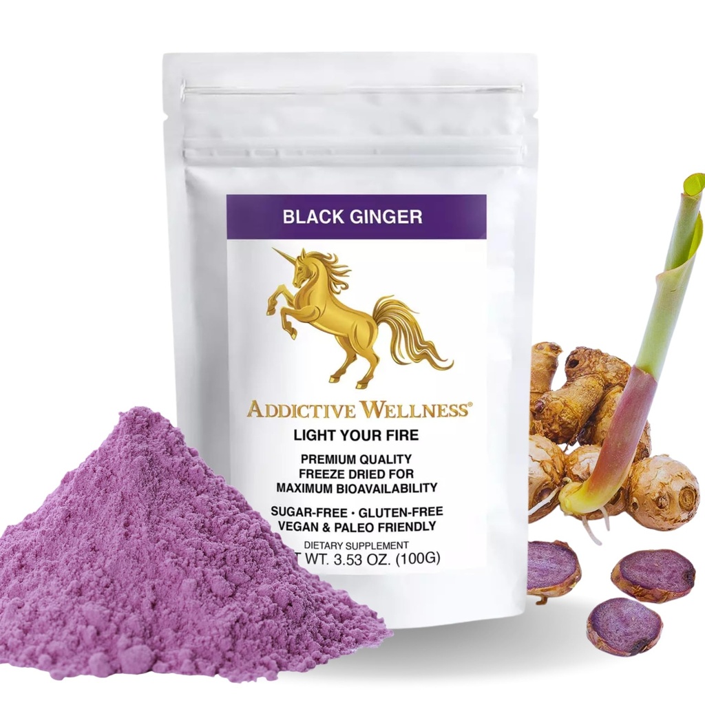 Verslavende Wellness Thaise zwarte gember voor mannen, Thaise zwarte gember supplement ter ondersteuning van energie-metabolisme, duurzaamheid en prestaties, bevroren gedroogde zwarte gember poeder, 100 Gram, Vegan & Paleo