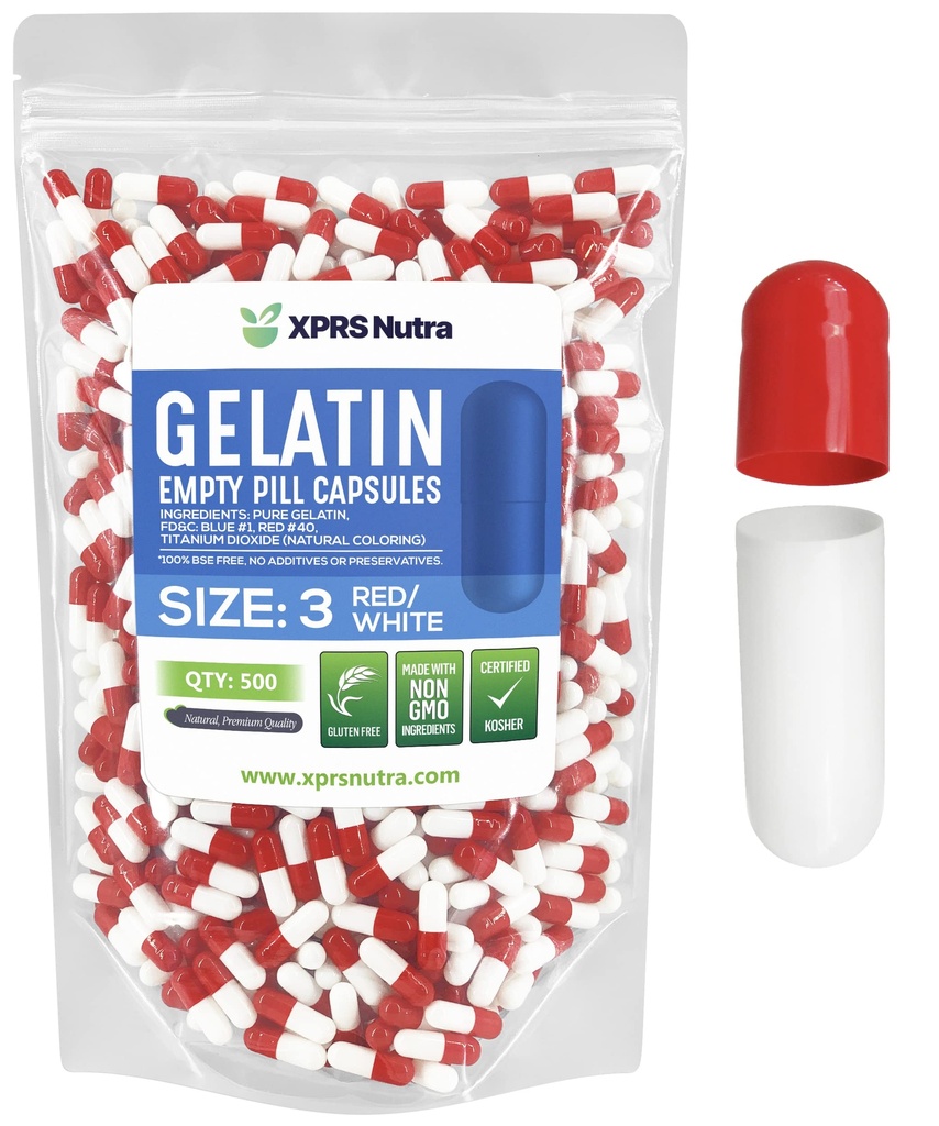 XPRS Nutra Maat 3 Lege capsules - 500 Telle Lege Gelatine Capsules - Pillen DIY Capsule Vulling - Pure Bovine Pill Gel Caps for Do-It-Yourself Supplements (Rode/Wit)