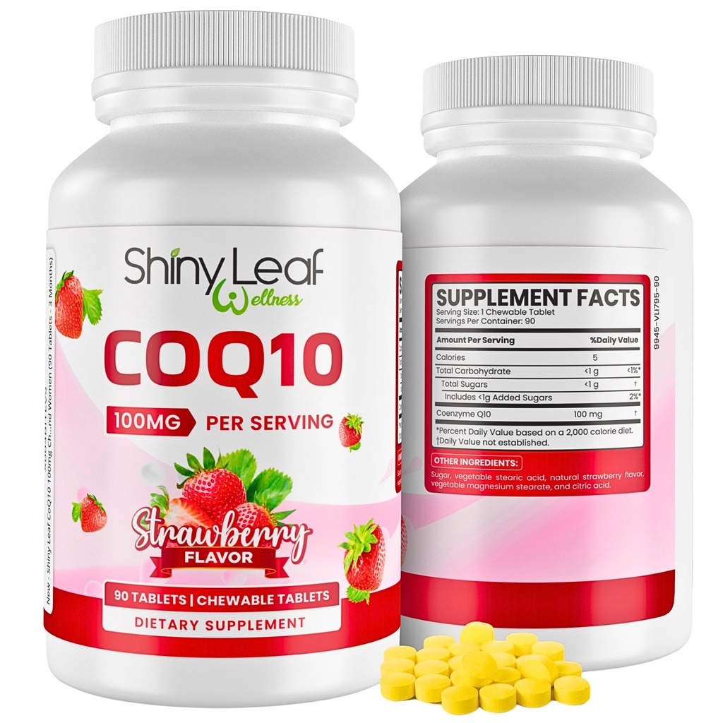 Shiny Leaf CoQ10 100mg - Chewable CoQ10 Supplement - Coenzym Q10 for Heart Health & Energy - Natural Co Q 10 Supplement for Cardiovasculaire Wellness - 100mg Kauwtabletten, 90 tabletten, Made in USA