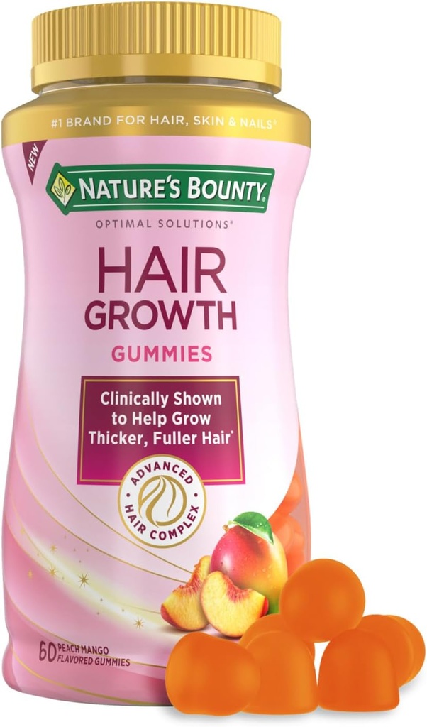 Natuur... Bounty Hair Growth Gummies voor het ondersteunen van dikker, voller haar met Biotine, Silicium & Arginine, Perzik Mango smaak Glutenvrij, Bevat geen Lactose, Natrium of Vis, 60 Count/30 Servers