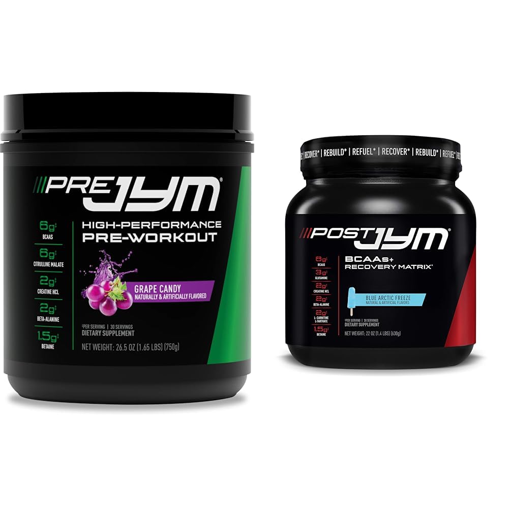 Pre JYM Grape Candy Pre-workout, Post JYM Active Matrix Post-workout met BCAA's, Createine HCI, Beta-Alanine 30 Servers Elk