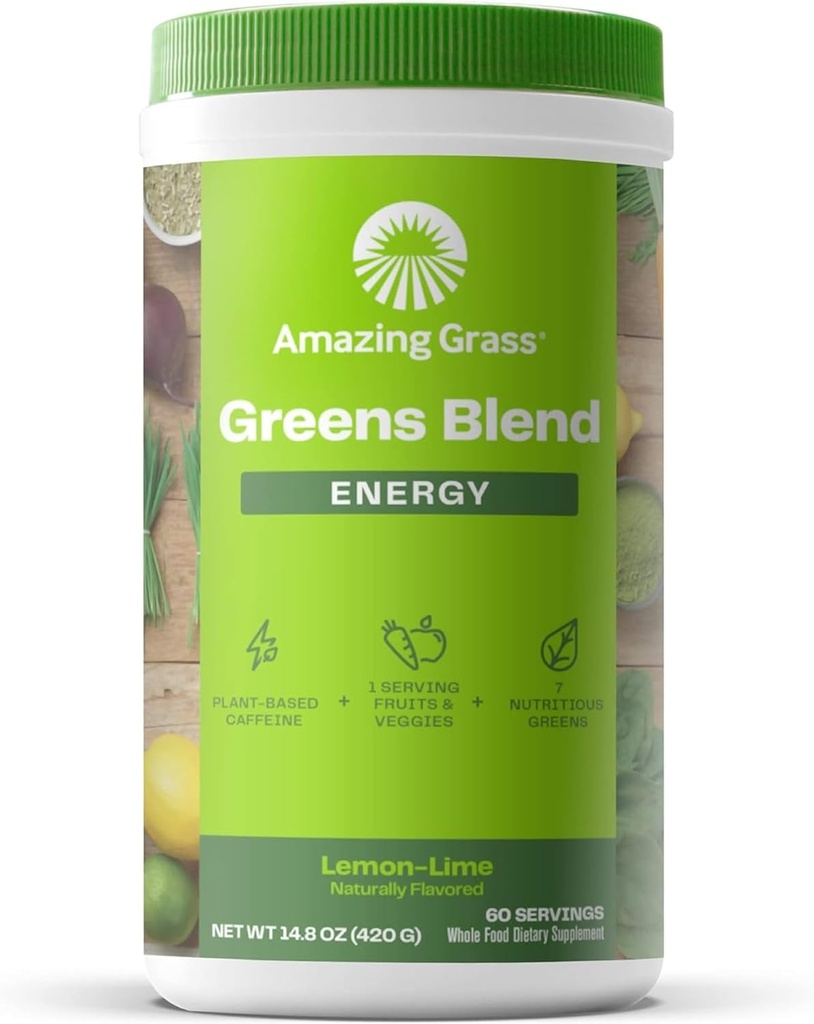 Verbazingwekkende Gras Greens Blend Energie: Smoothie Mix, Super Greens Poeder en plantaardige Cafeïne met Matcha Groene Thee & Beetwortelpoeder, Citroen Lime, 60 Servers (Verpakking mei Vary)