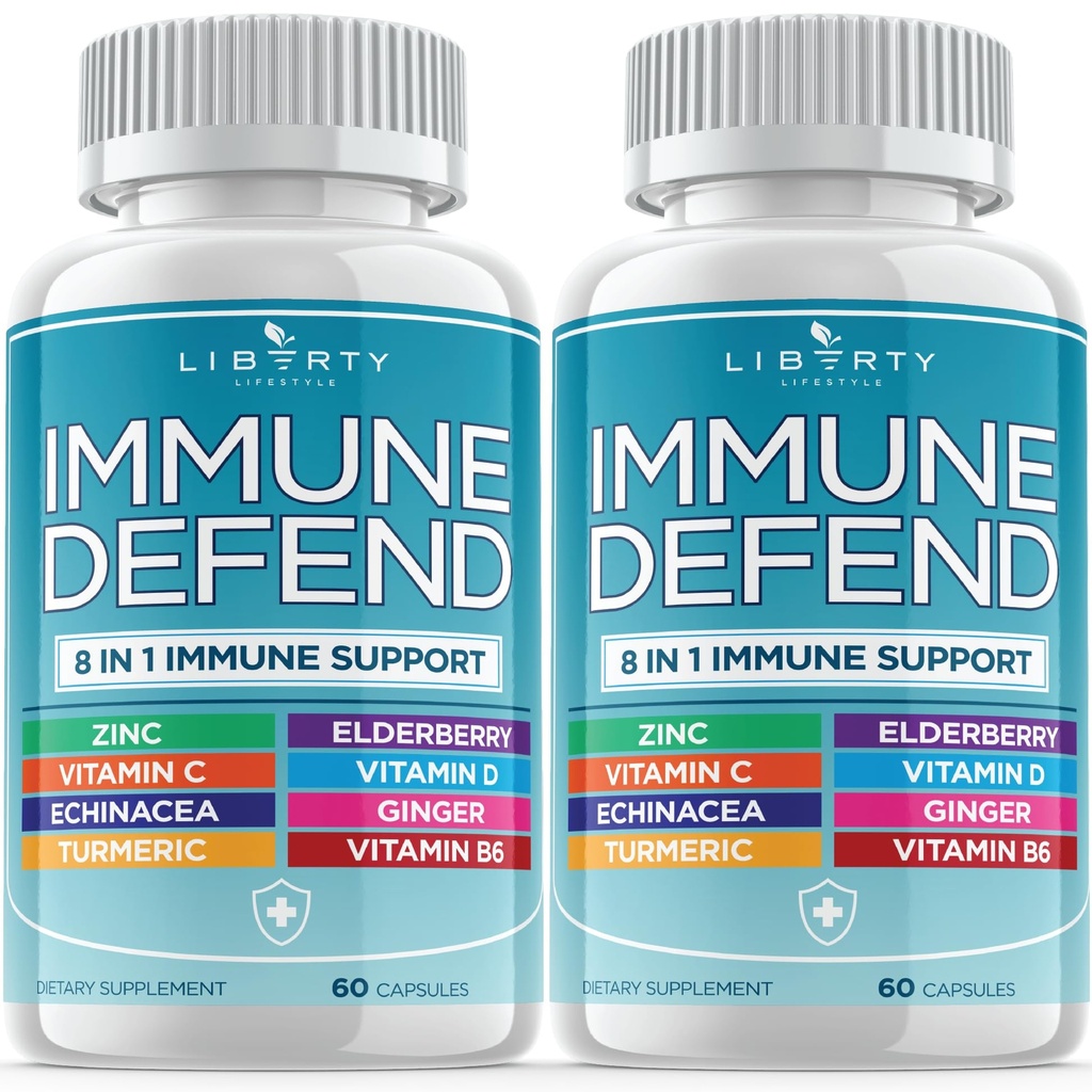 8 in 1 Immune Defense Support, Immunity Vitamines Supplement Booster met zink 50mg, vitamine C Vlierbessen Vit D3 5000 IE, Kurkuma Curcumin & Gember, Echinacea - Allergie Relief voor kinderen Volwassenen (2 Pack)